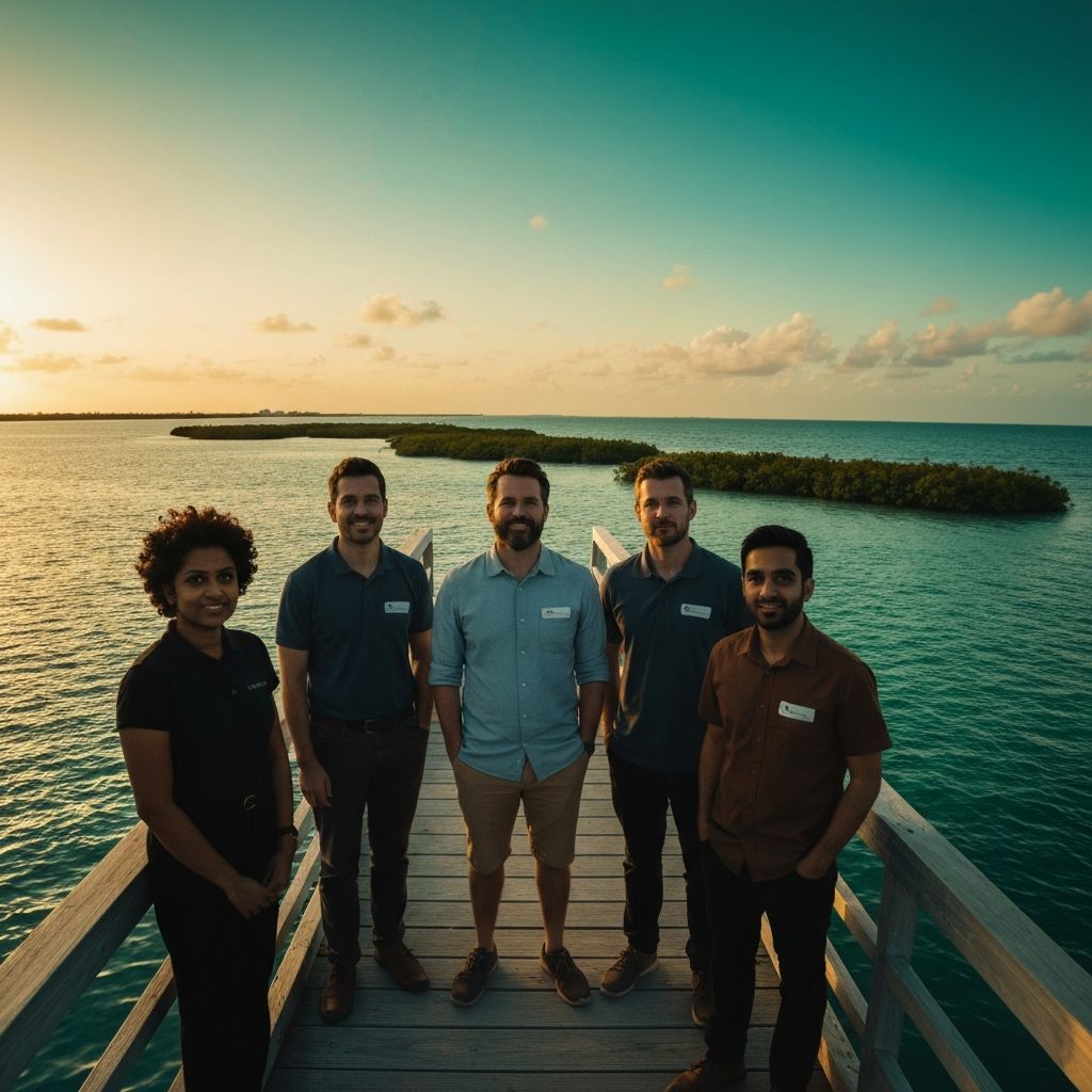 Visionary team overlooking prototype floating mangrove island at sunset
