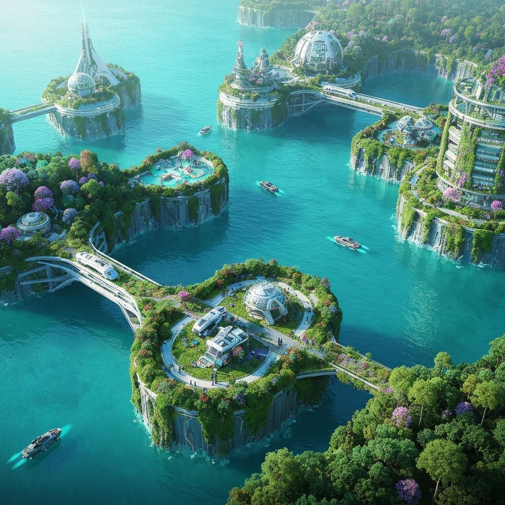 Concept art of Everflow man-made estuarine islands with bio-engineered mangroves offshore from a coastal city