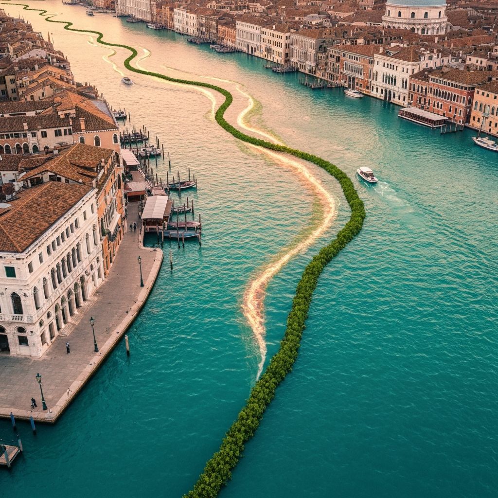 Venice canals with floating mangrove barriers