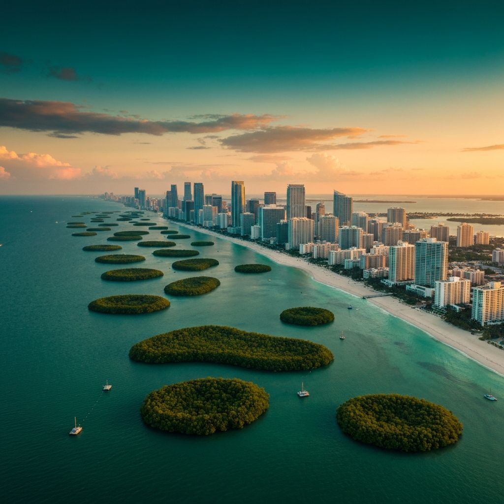 Miami coast with Everflow island barriers