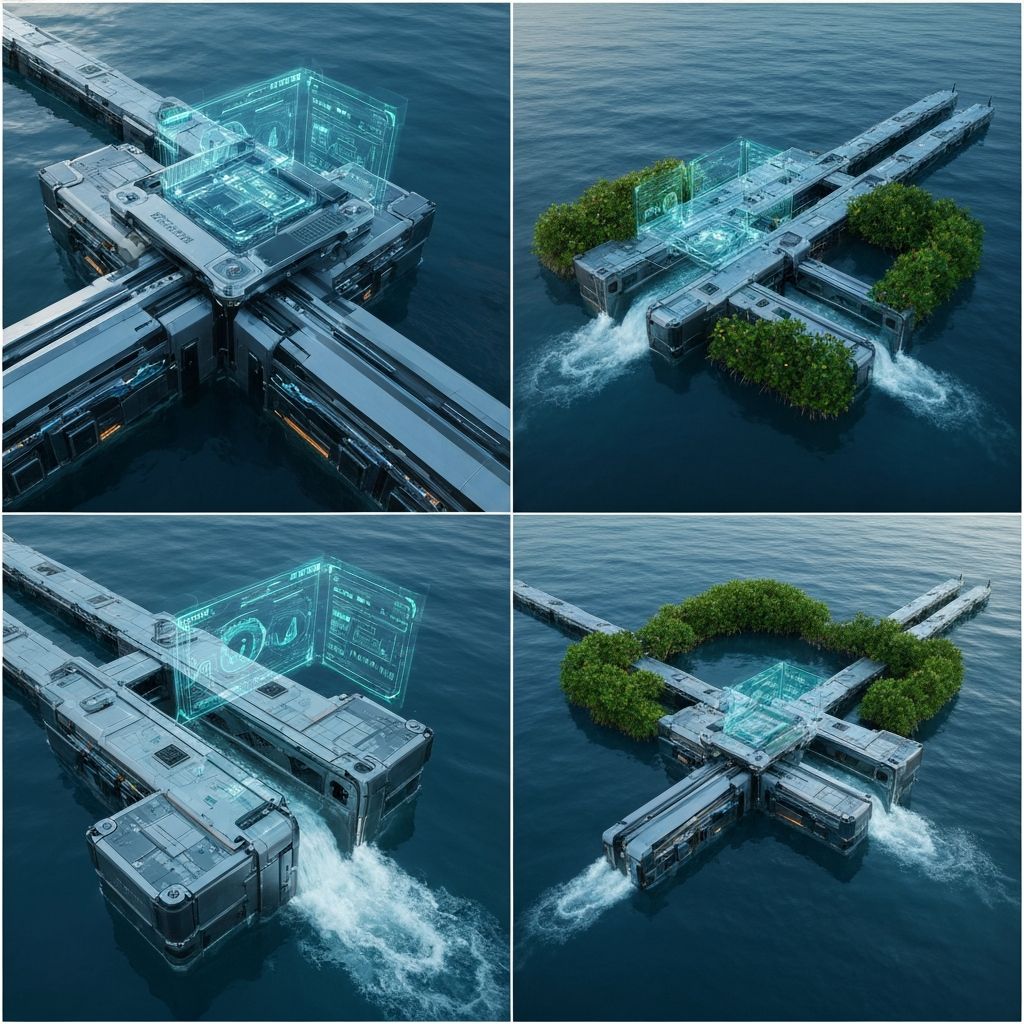 AI-controlled tide gates integrated into estuarine island